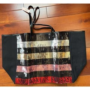 Victoria’s Secret Large Striped Sequin Tote Bag Weekender Travel Bag NWT